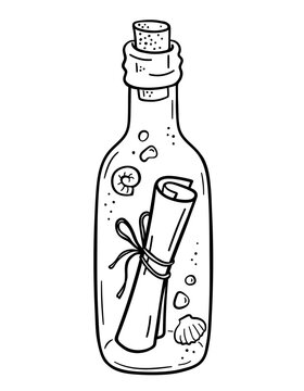 Message in a bottle. Vector illustration. A rolled-up letter, shells and pebbles in a glass bottle. Hand drawn design in cartoon doodle style. Black outlines isolated on a white background.