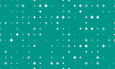 Seamless background pattern of evenly spaced white quatrefoil symbols of different sizes and opacity. Vector illustration on teal background with stars