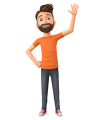 Cartoon character guy in an orange t-shirt waving his hand on a white background. 3d render illustration.