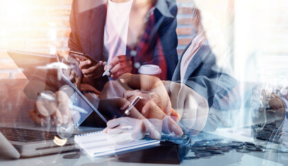 Financial report data of business operations (balance sheet and income statement and diagram) as Fintech concept.Business team meeting. digital tablet and computer laptop.