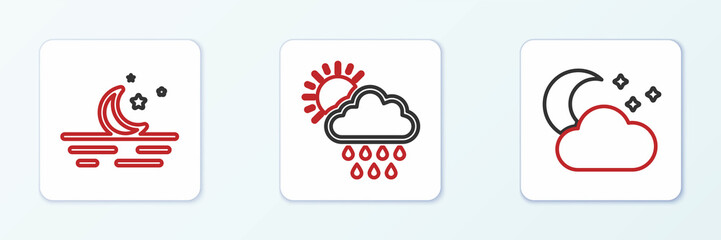 Set line Cloud with moon and stars, Moon and rain sun icon. Vector