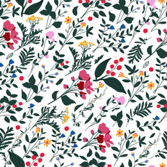 Floral seamless pattern in vector. Different flowers, plant elements. Nature, wildflowers. For wrapping paper, wallpaper, decoration.