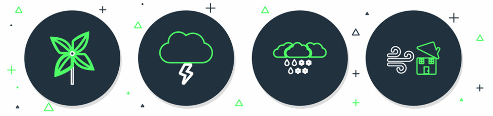 Set line Storm, Cloud with snow and rain, Pinwheel and Tornado swirl icon. Vector