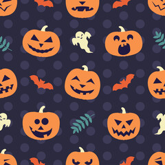 Halloween seamless pattern with funny orange pumpkins, ghost and leaves on polka dots background. Print for wrapping paper, fabric, web design. Vector flat design illustration