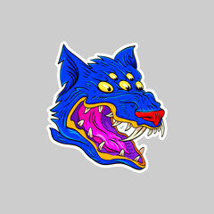 Surrealist wolf head sticker. Fantasy animal concept. Comics art vector illustration. 