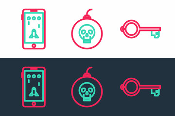 Set line Ancient key for game, Mobile and playing in and Bomb ready to explode icon. Vector