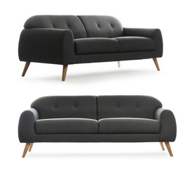 Stylish comfortable grey sofas on white background, collage