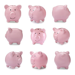 Set with pink piggy banks on white background. Money saving