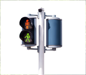 Pedestrian traffic light with red and green signals on white background