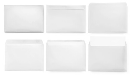 Set with blank paper envelopes on white background