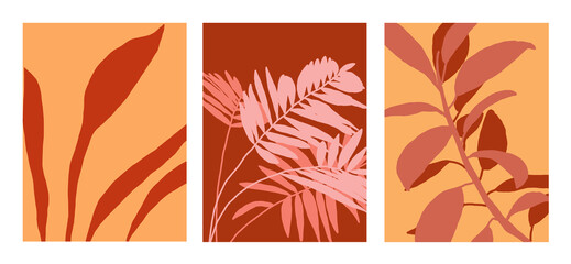 Minimalist vector collection of illustrations with leaves. Palm leaves. Ficus. Foliage, nature. For cards, posters, stationery, as background or template. Drawing in brown and pink shades.