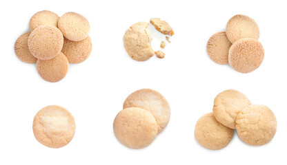 Set with tasty sugar cookies on white background, top view