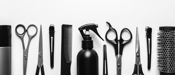 Set with scissors and other hairdresser's accessories on white background, flat lay. Banner design