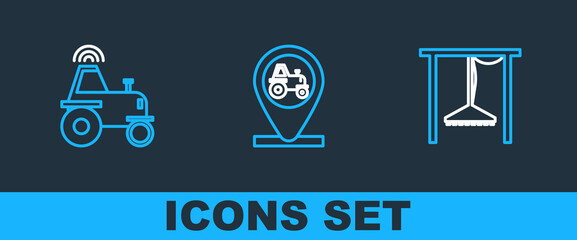 Set line Automatic irrigation sprinklers, Wireless tractor smart farm and Tractor and location icon. Vector