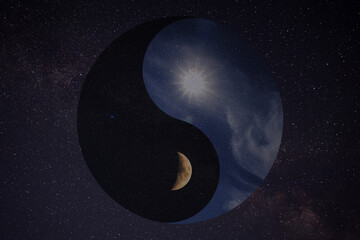 Ying Yang symbol against starry sky. Feng Shui philosophy