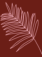 Minimalist vector illustration with palm leaf. Pink leaf on brown background. Foliage, nature. For cards, posters, stationery, as background or template. Natural colors. Line drawing.