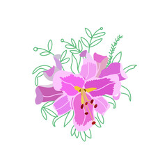 Minimalist vector illustration of pink flower. Depiction of lily with leaves. Floral, botanical. Line drawing. Decorative element for cards, posters, stationery, invitations.