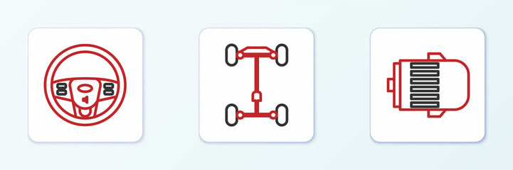 Set line Electric engine, Steering wheel and Chassis car icon. Vector