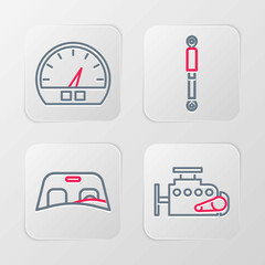 Set line Car engine, windscreen, Shock absorber and Speedometer icon. Vector