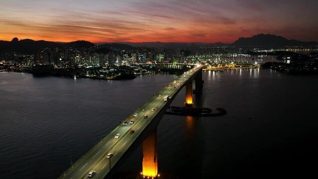 Sunset landscape at famous third bridge at town of Vitoria state of Espirito Santo Brazil. Transportation scene. Sunset sky landscape of travel destination at town of Vitoria Espirito Santo Brazil.