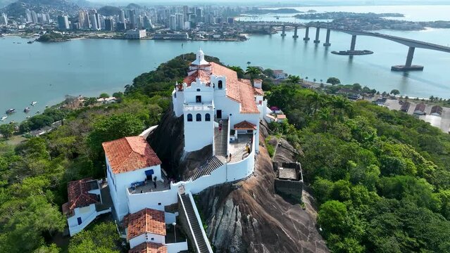 Aerial cityscape of downtown Vitoria state of Espirito Santo Brazil. Bulldings and avenues landmark of city of Vitoria Espirito Santo. Brazilian coast town capital city. Downtown district.