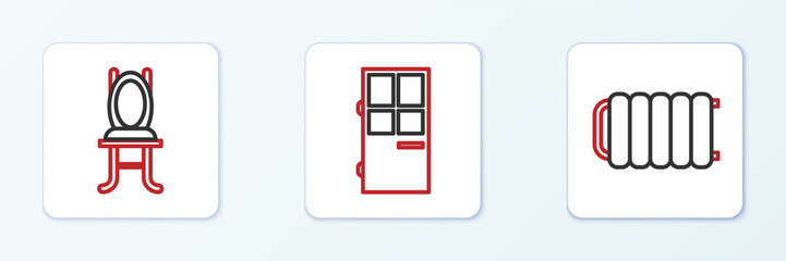 Set line Heating radiator, Chair and Closed door icon. Vector