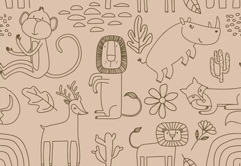Cute seamless pattern with wild animals line art.