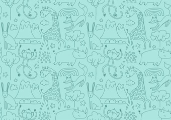 Cute seamless pattern with wild animals line art.
