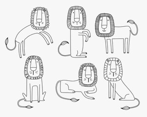 Cute cartoon lion doodle set.