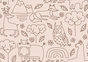 Cute seamless pattern with wild animals line art.