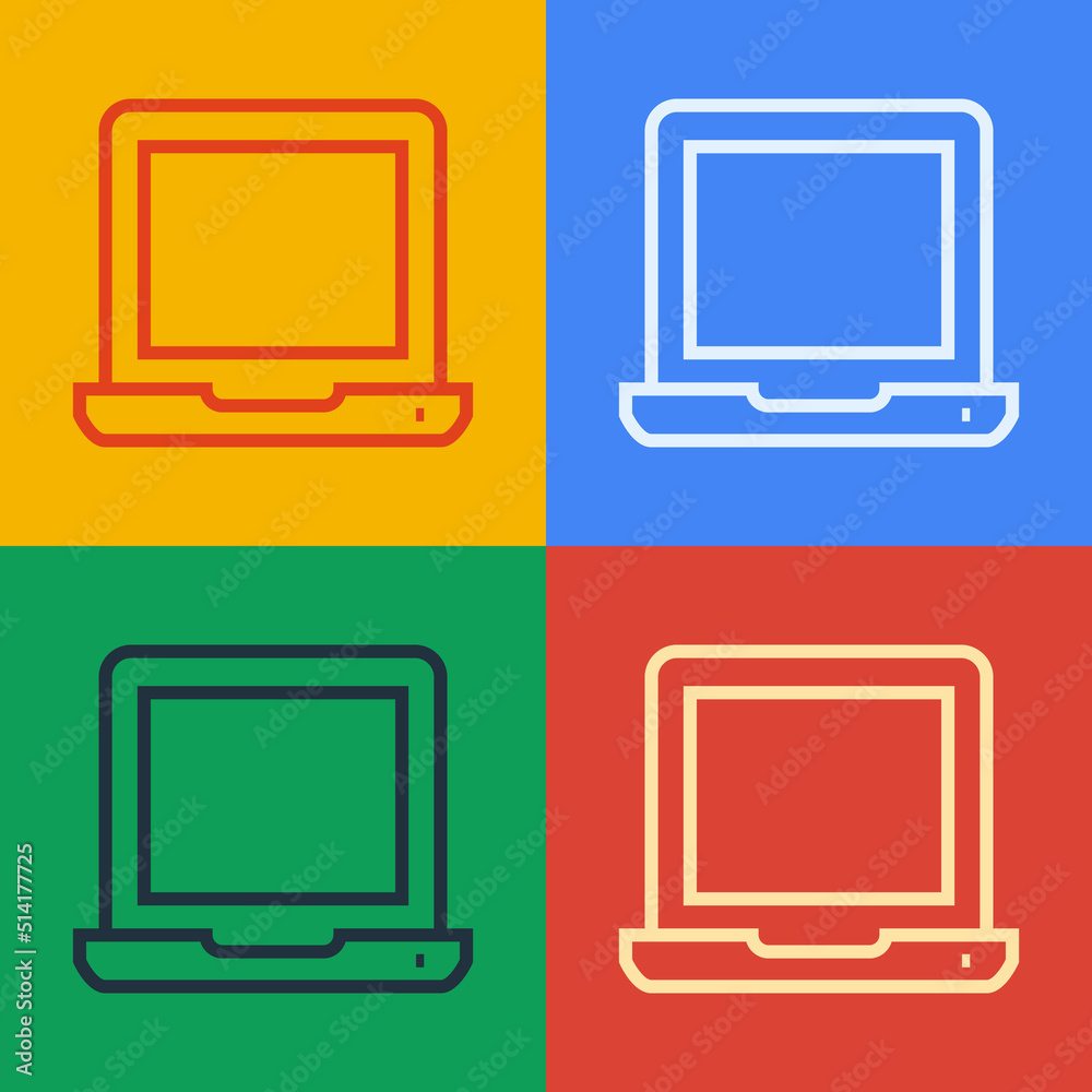 Poster pop art line laptop icon isolated on color background. computer notebook with empty screen sign. vec