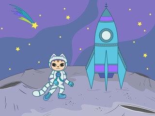 Little cute astronaut cat in a spacesuit near the rocket. Vector illustration for t-shirts and cards