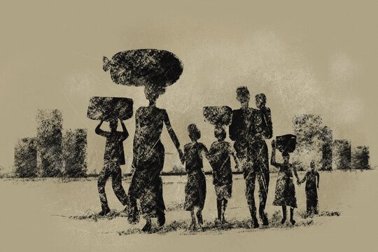 Illustration of economically backward people carrying their luggages and kids walking together from the city.