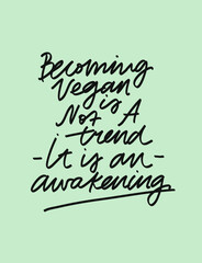 Minimalist lettering about veganism. Inspirational inscription. Becoming Vegan Is Not A Trend It is An Awakening guote.