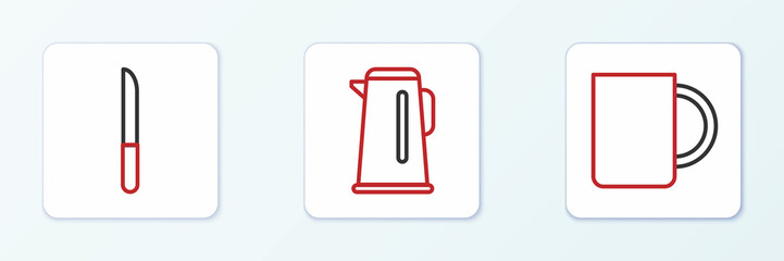 Set line Coffee cup, Knife and Kettle with handle icon. Vector