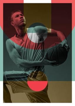 Young Basketball Player During Slam Dunk On Abstract Colored Background. Modern Design. Contemporary Colorful And Conceptual Bright Art Collage, Art Collage.