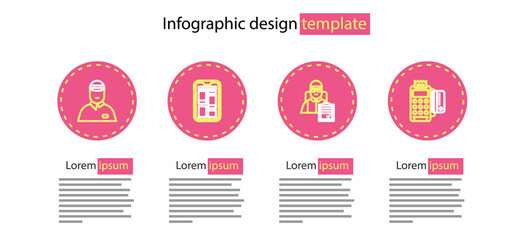 Set line Delivery man with cardboard boxes, POS terminal credit, Online shopping on phone and Seller icon. Vector