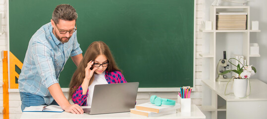 Father and daughter at school, teacher and pupil banner. curious father and child study at school...