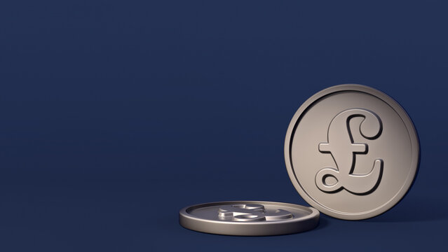 Silver British Pound Sterling Coin Icon Symbol in Blue Studio Scene, Isolated Widescreen 8k. 3D Illustration Render.