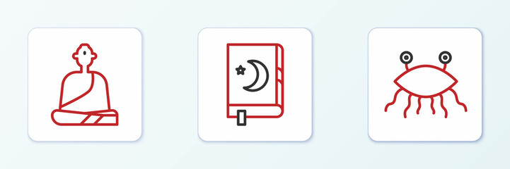 Set line Pastafarianism, Buddhist monk and Holy book of Koran icon. Vector