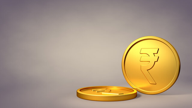 Gold India Rupee Coin Icon Symbol in Studio Scene, Isolated Widescreen 8k. 3D Illustration Render.