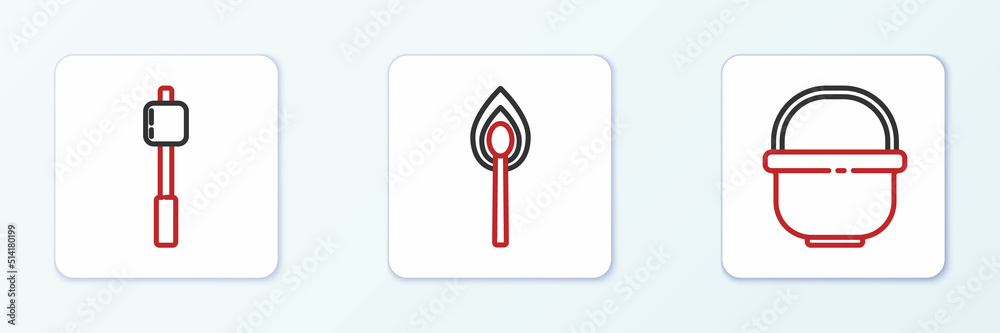 Sticker Set line Camping pot, Marshmallow on stick and Burning match with fire icon. Vector