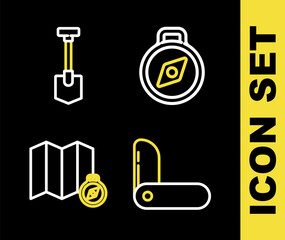 Set line Compass, Swiss army knife, Location of the forest on map and Shovel icon. Vector