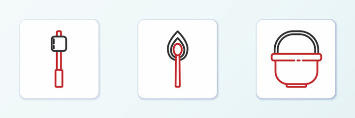 Set line Camping pot, Marshmallow on stick and Burning match with fire icon. Vector