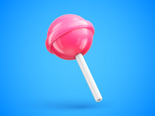 Sweet cute pink lollipop on stick in cartoon style. Single glossy pink round candy on blue background. 3d vector illustration