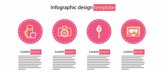 Set line Burning match with fire, Gps device map, Photo camera and Thermos container and cup icon. Vector