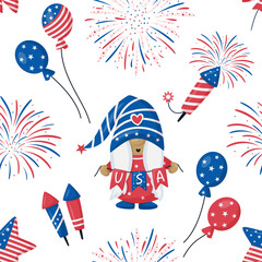 4th of July patriotic gnome with fireworks, rockets and balloons. Vector seamless pattern. Isolated on white background. Independence Day background. For digital paper, greeting cards, web design