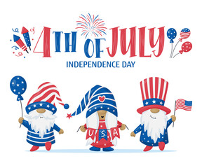Patriotic Gnome with fireworks and hand lettering sigh 4th of July. Scandinavian Nordic Gnomes celebrate Independence day USA. For greeting card, invitation, banner, web design. Vector illustration