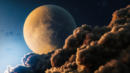 Moon among the clouds. Full night moon and clouds. Cumulus clouds on the moon background. 3d...