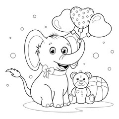 Coloring page. Cute elephant with teddy bear, ball and balloons
